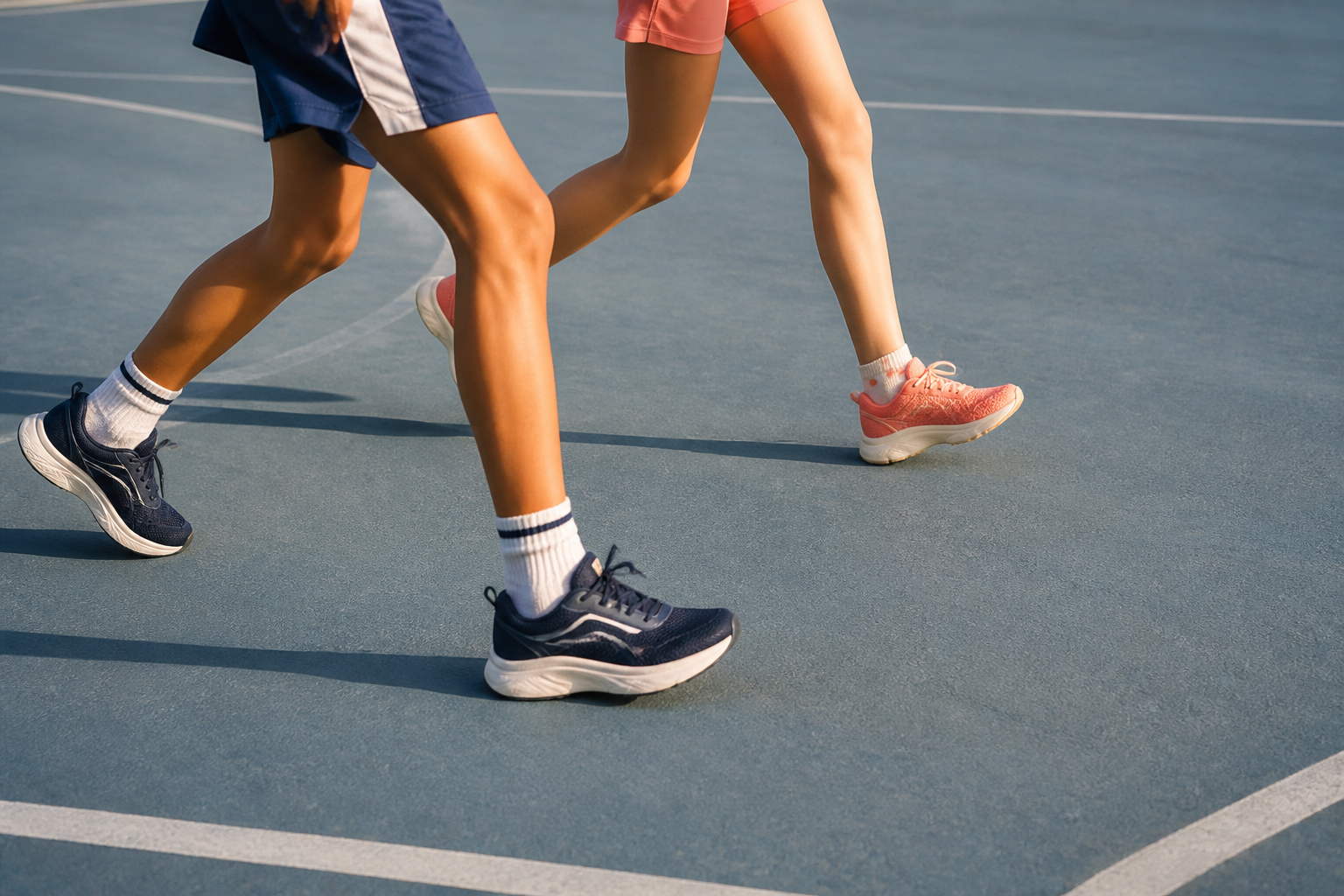 Niños en movimiento con zapatillas deportivas azul marino y coral